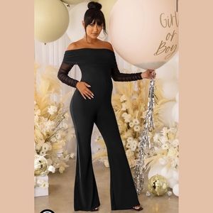 CLUB L LONDON maternity black countdown jumpsuit bardot mesh sleeves 8